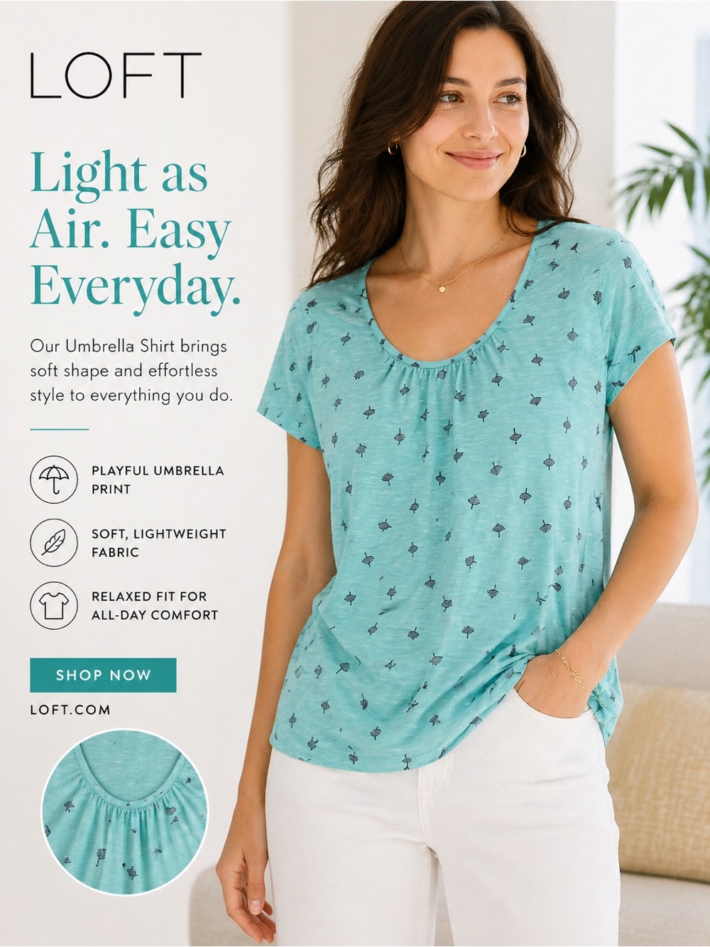 LOFT Teal Short Sleeve Scoop Neck Top with Umbrella Print 100% COTTON
